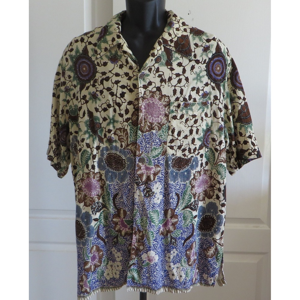 PitheCanThropus Bali Camp Shirt Ethnicwear Hawaiian Print Short Sleeve Size L